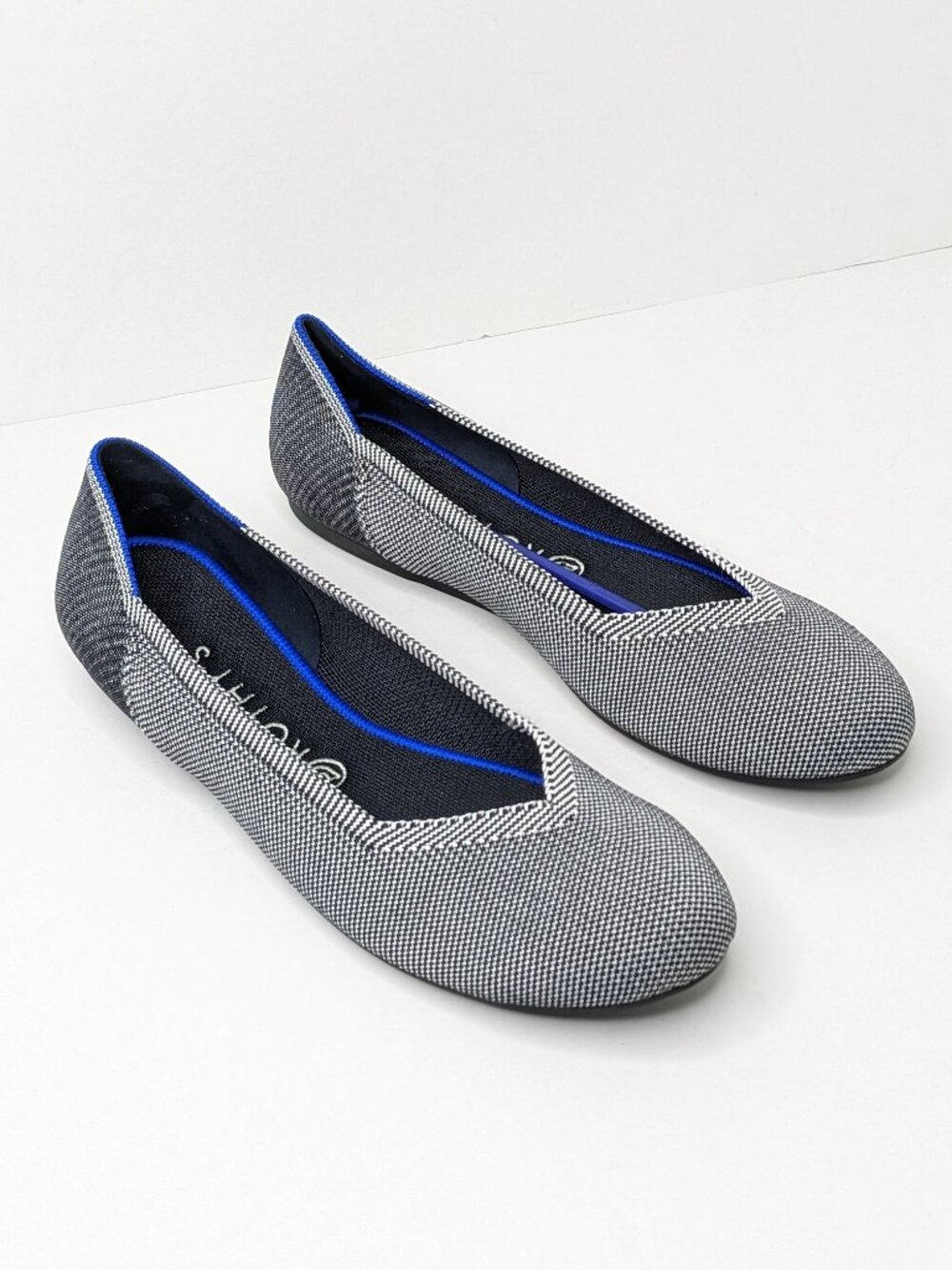 Rothy's Black & White Herringbone Flats with Blue Trim